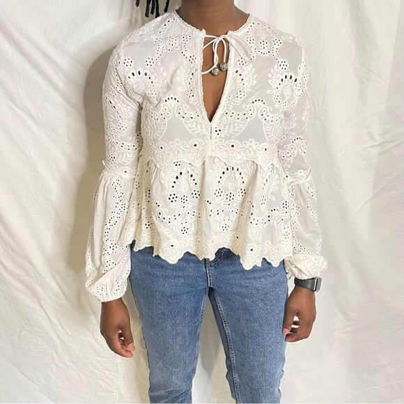 Kooples Embroidery Cotton Tie Neck boho Bohemian Lace Top - Picture 5 of 12
